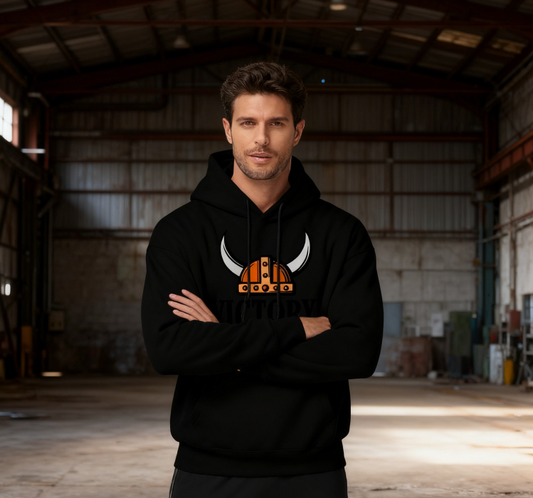 Viking Helmet "VICTORY!" Graphic Hoodie - Unisex Casual Pullover (Black & White Options)