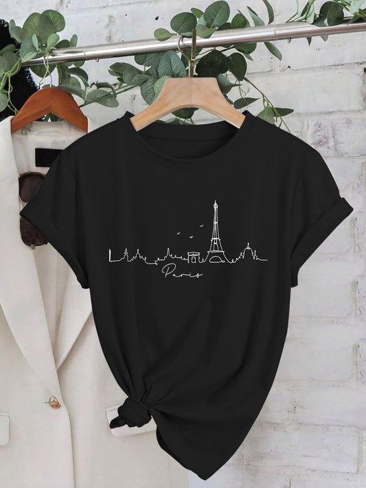 Women's Paris Print T-Shirt - Eiffel Tower & Landmark Design with Cursive Lettering, Slim Fit Short Sleeve Round Neck Casual Top, Breathable Summer Tee for Casual Attire & Light Exercise, Machine Washable, Ladies T-shirts, Summer Fashion, Comfortable Fit