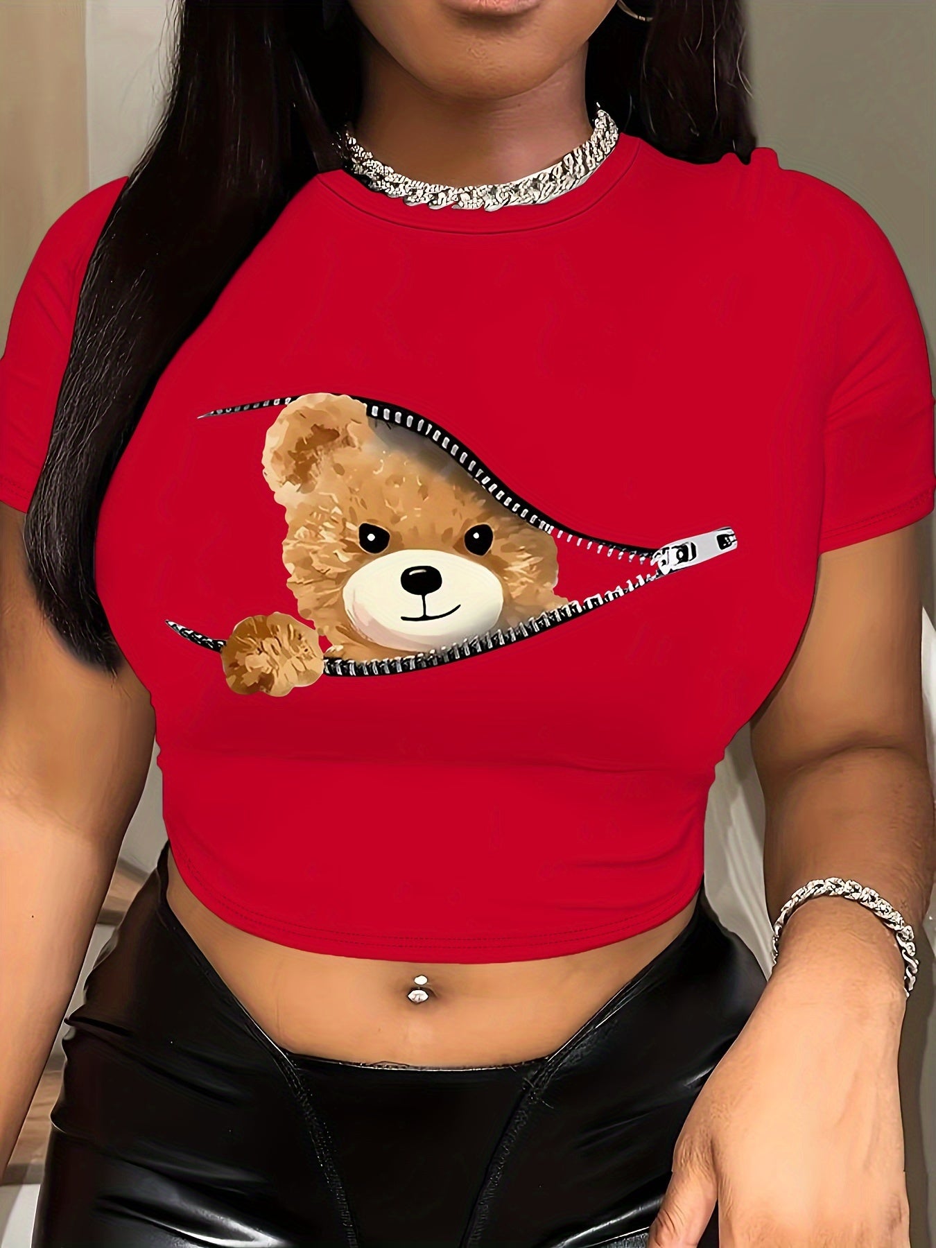 Women's Sexy Summer Crop Top - Vibrant Red Teddy Bear Zipper Graphic Tee, Soft Stretch Round Neck Short Sleeve Shirt, Machine Washable Casual Streetwear, Teddy Bear T Shirt, Playful Fashion, Playful Graphic Tee