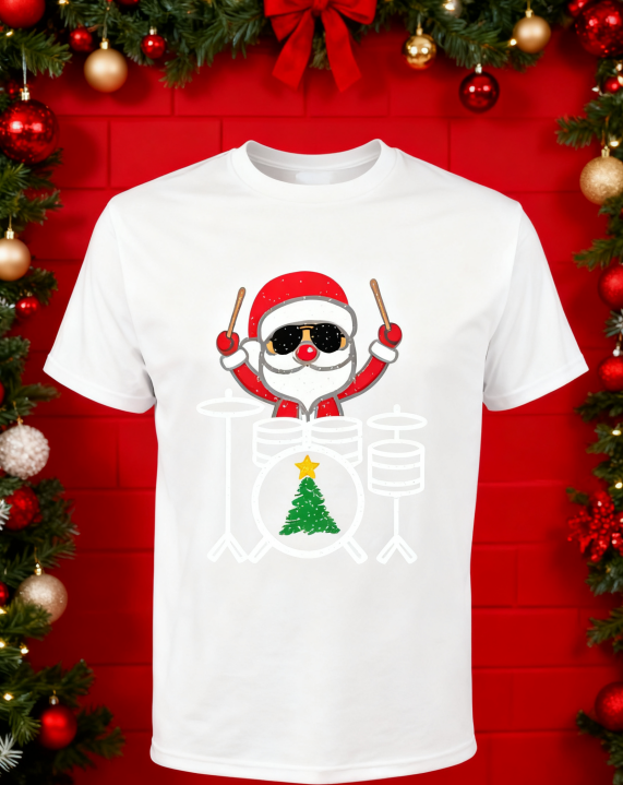 Rockin’ Santa Drummer Christmas T-Shirt - 100% Cotton, Festive Tee for Holiday & Casual Occasions
