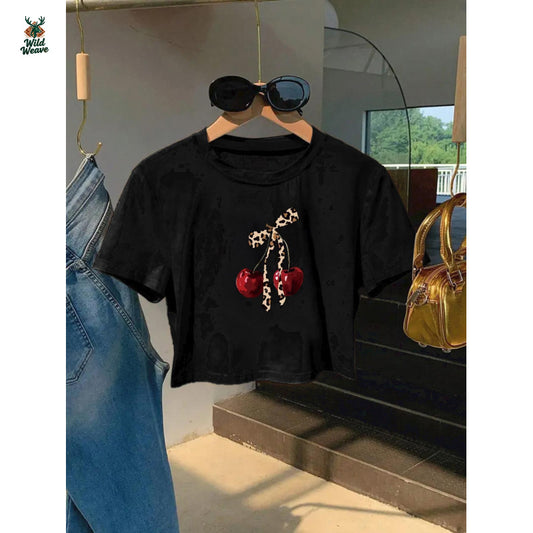 Women'S Cherry Print Cropped T-Shirt - Short Sleeve Crew Neck, Lightweight & Breathable, Perfect for Spring/Summer Casual Wear, Machine Washable, Stylish Slim Fit Design, Everyday Tshirt | Trendy Casual Style | Glossy Texture