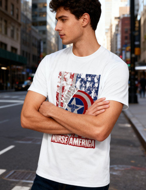 T2199609 Nurse America Patriotic Shield 100% Cotton T-Shirt - Unisex Healthcare Hero Tee for Every Occasion