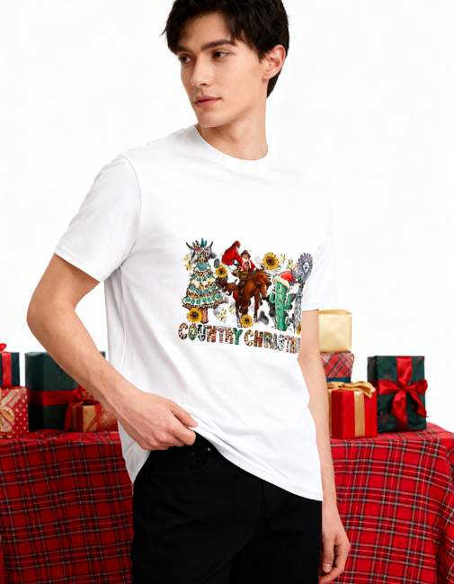 Country Christmas Western Graphic T-Shirt - 100% Cotton, Festive Exclusive for Holiday Gatherings & Casual Occasions