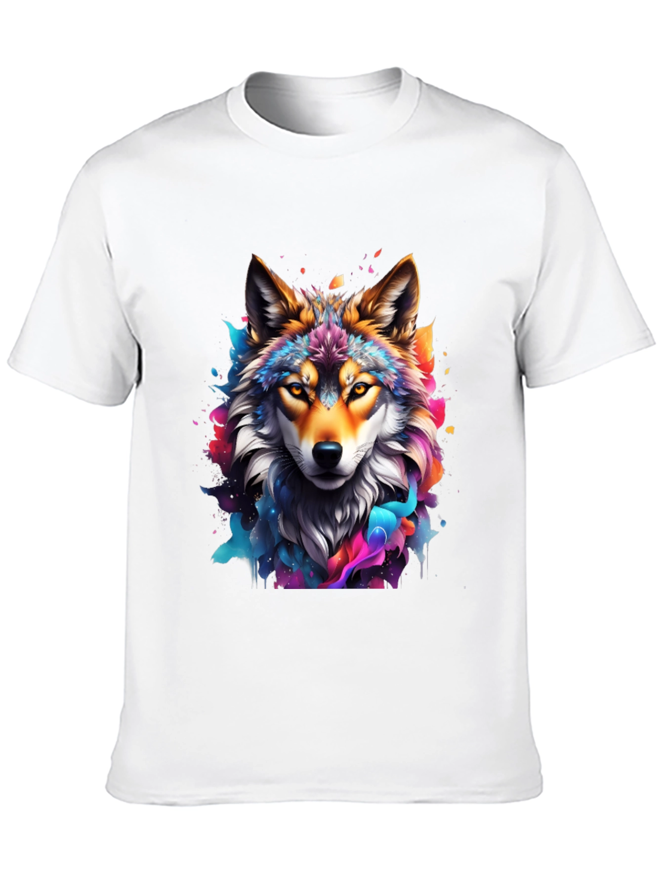 Vibrant Wolf Graphic Tee - Artistic Mens Black T-Shirt