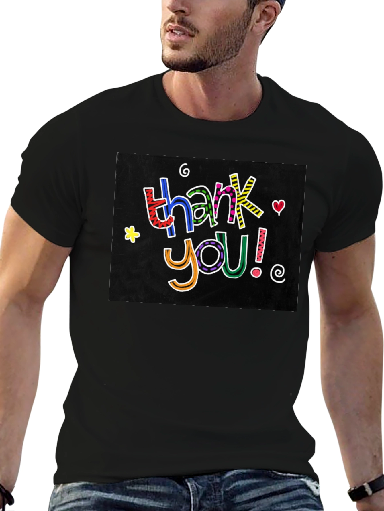 Thank You Graphic Tee - Mens Black Crew Neck
