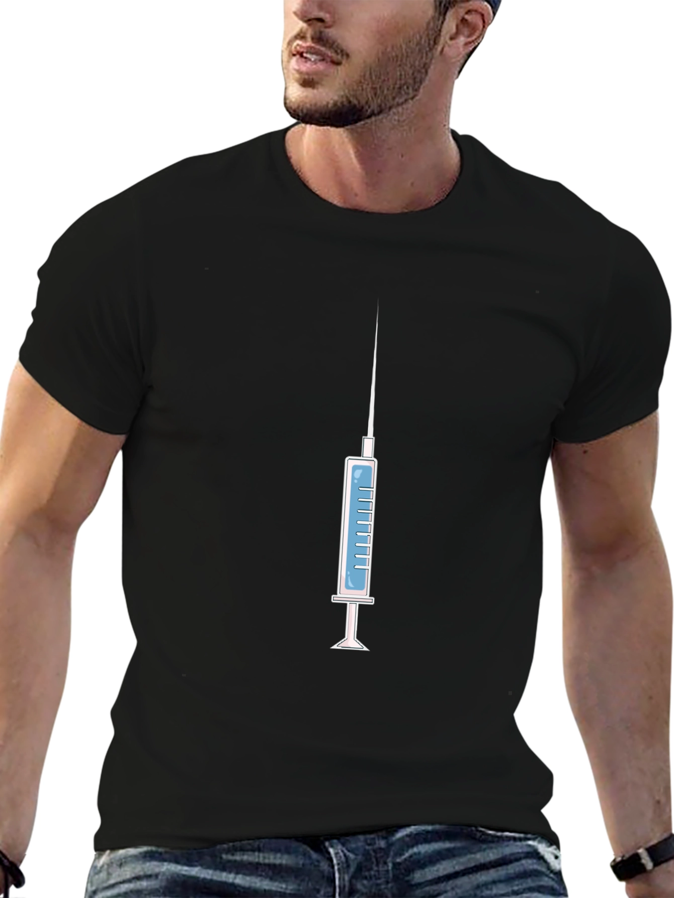 Syringe Graphic Tee - Novelty Design Black Cotton Shirt