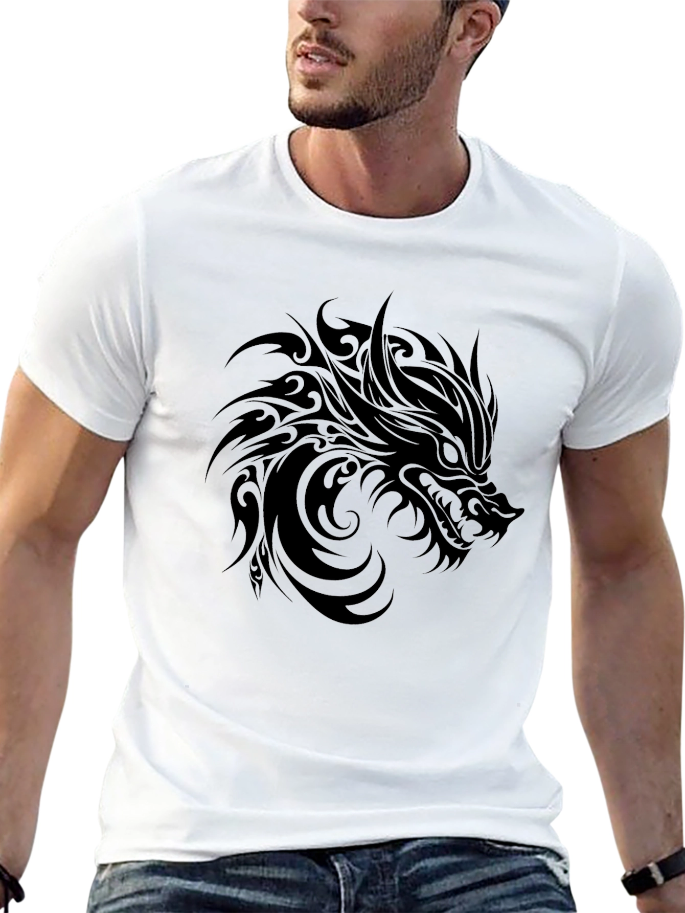Tribal Wolf Graphic Black T-Shirt