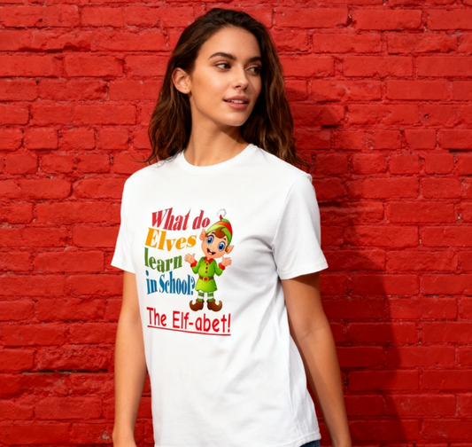 Christmas Elf Alphabet Pun T-Shirt - 100% Cotton, Festive & Casual Wear for Holiday Gatherings & Daily Style