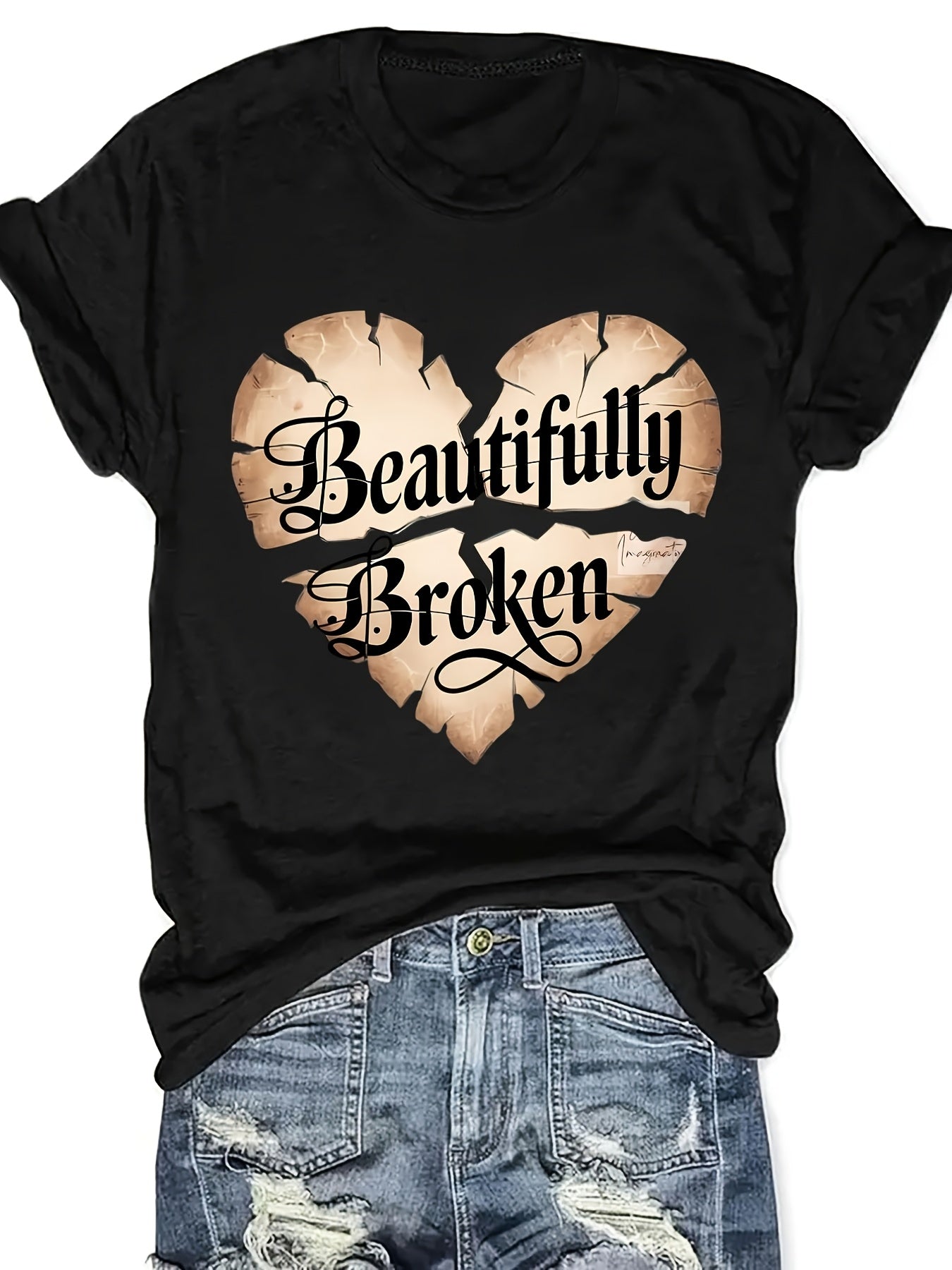 Women's "Beautifully Broken" Heart Print Casual T-Shirt - Vibrant Orange Short Sleeve Round Neck Summer Top, Machine Washable & Affordable, Ladies T Shirts, Everyday Fashion, Relaxed Fit Tee, Allseason Wear