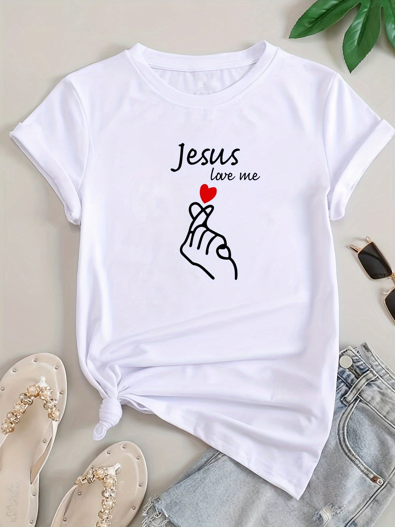 Women's Casual Short Sleeve T-Shirt - Jesus Love Me Heart Hands Print, White Round Neck Summer Top, Breathable & Machine Washable, Heart Print T Shirt