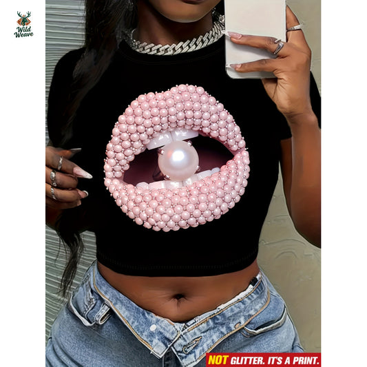 Women's Y2K Glossy Lip & Bead Print Crop Tee - Short Sleeve Round Neck Button-Like Lip Design, Slim Fit Summer Blouse, Machine Washable Casual Party Outfit (Pink/White), Non-Sheer