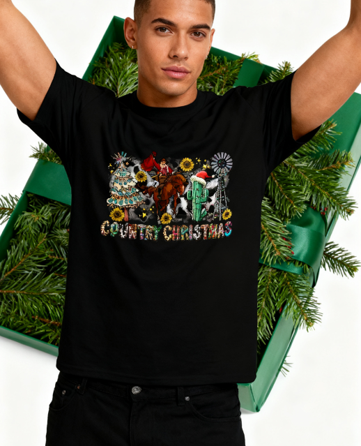 Country Christmas Western Graphic T-Shirt - 100% Cotton, Festive Exclusive for Holiday Gatherings & Casual Occasions