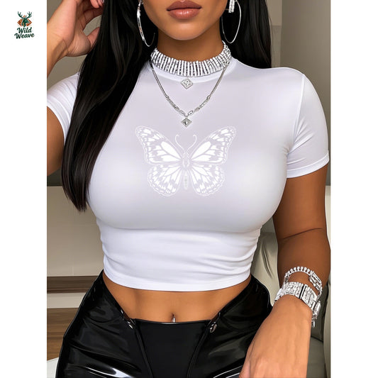 Women's Stretchy Y2K Graphic Print Crop Top T-Shirt - Slim Fit Crew Neck Summer Tee with Butterfly Design, Machine Washable Casual Top, Rhinestone Chain Accent | Delicate Detail Shirt