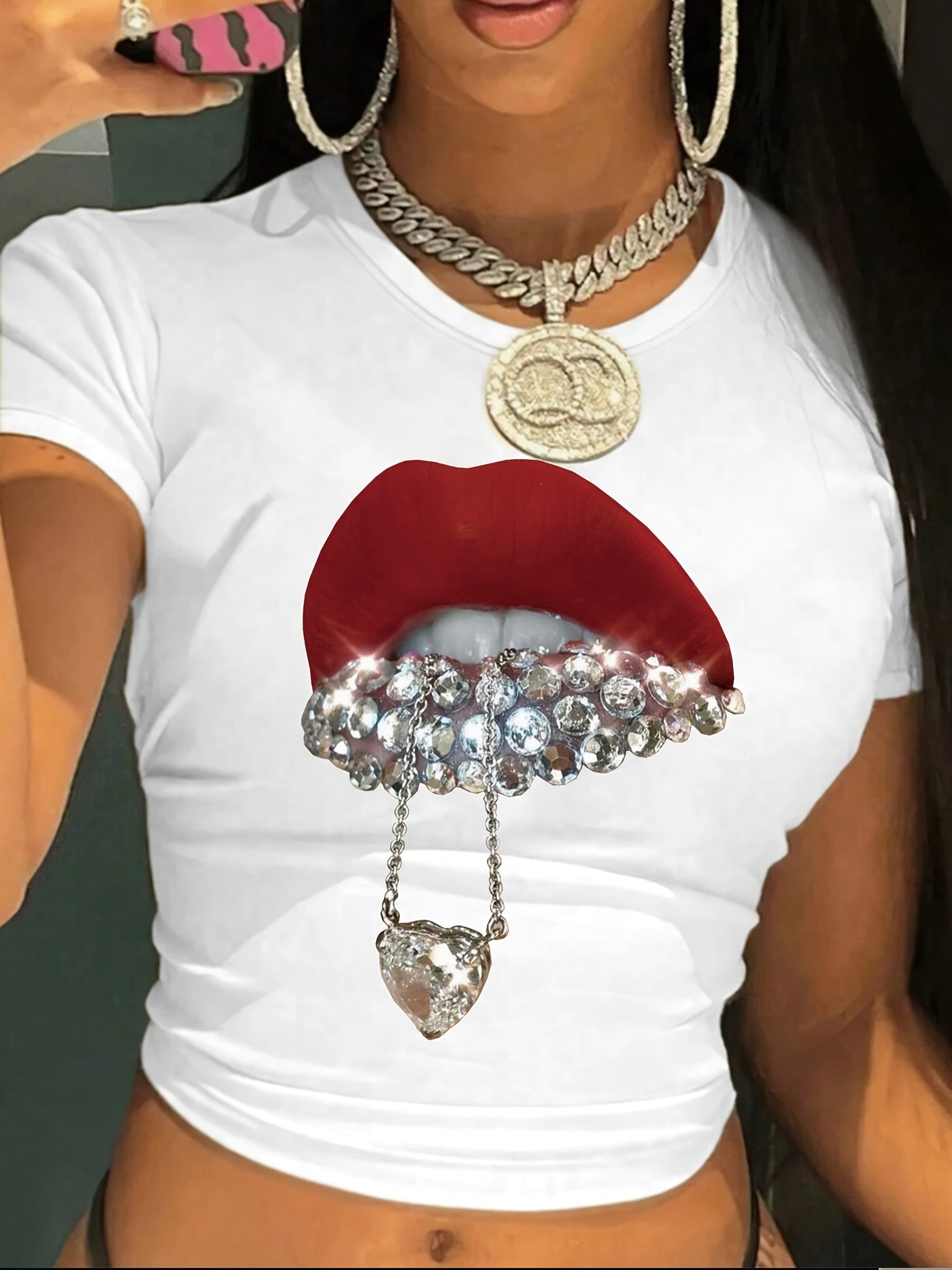 Women's Y2K Lip Print Crop T-Shirt - Short Sleeve Crew Neck Top with Lip & Face Pattern (Upper Lip/Full Lips), Medium Stretch Fabric, Non-Sheer Spring Summer Casual Blouse for Lipstick Lips or Lips