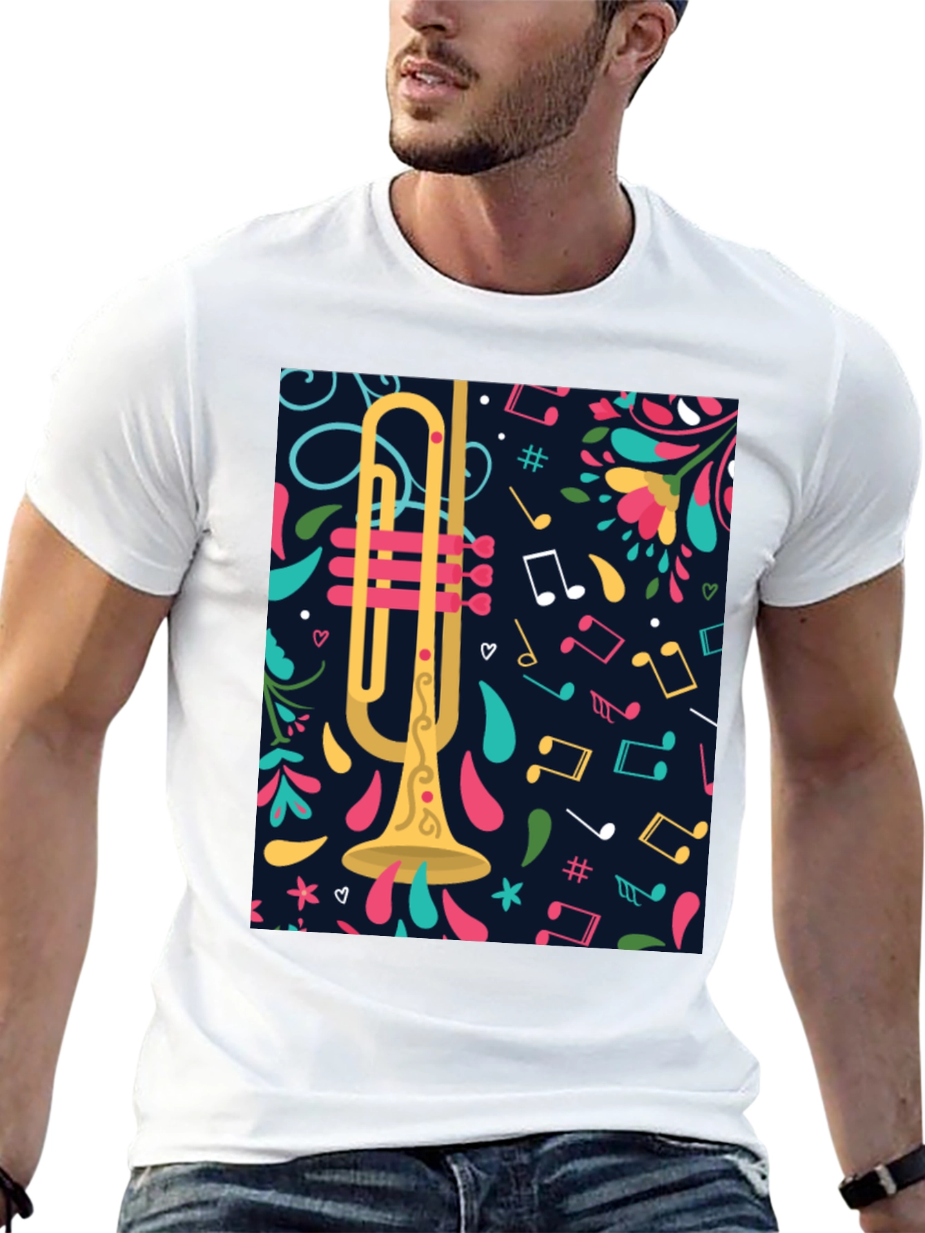 Trumpet & Music Notes Graphic Tee - Black