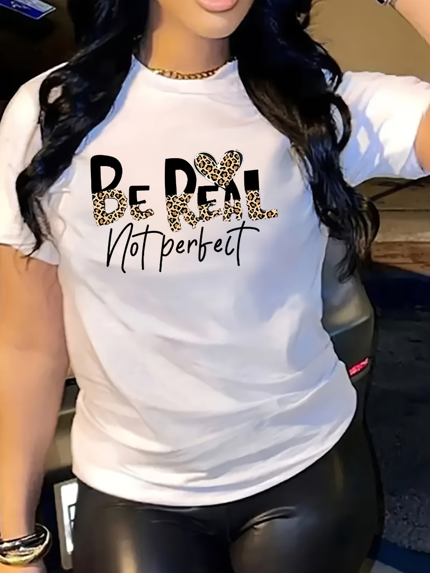 Women'S Casual T-Shirt with "BE REAL NOT PERFECT" Leopard Print Lettering - Relaxed Fit Short Sleeve Round Neck Top for Spring Summer Fall Casual Attire, Positive Affirmation Graphic Tee for Women