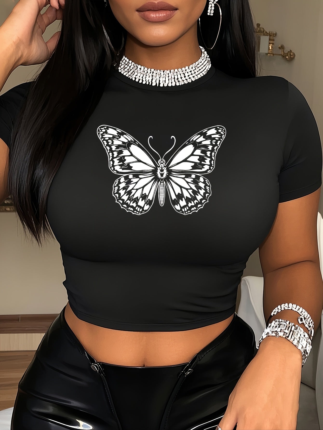 Women's Stretchy Y2K Graphic Print Crop Top T-Shirt - Slim Fit Crew Neck Summer Tee with Butterfly Design, Machine Washable Casual Top, Rhinestone Chain Accent | Delicate Detail Shirt