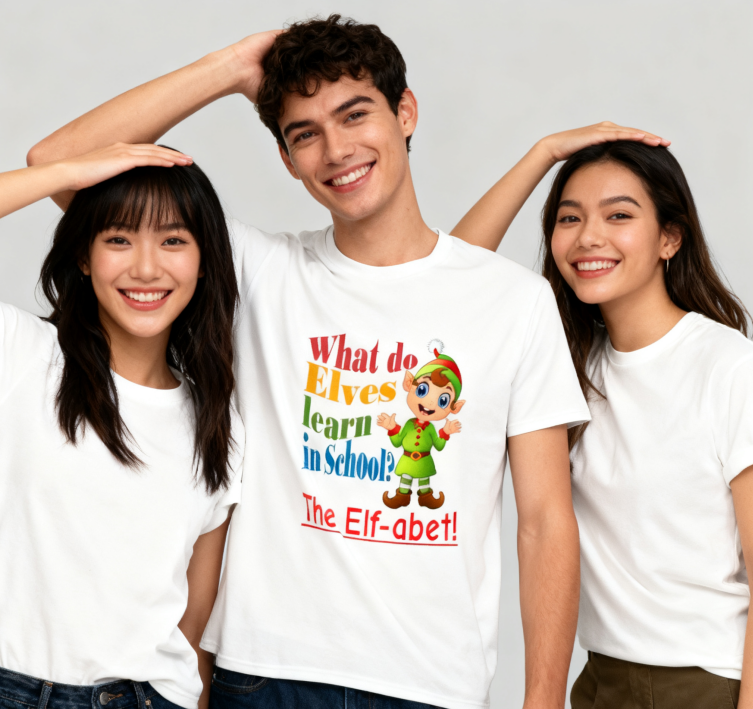 Christmas Elf Alphabet Pun T-Shirt - 100% Cotton, Festive & Casual Wear for Holiday Gatherings & Daily Style