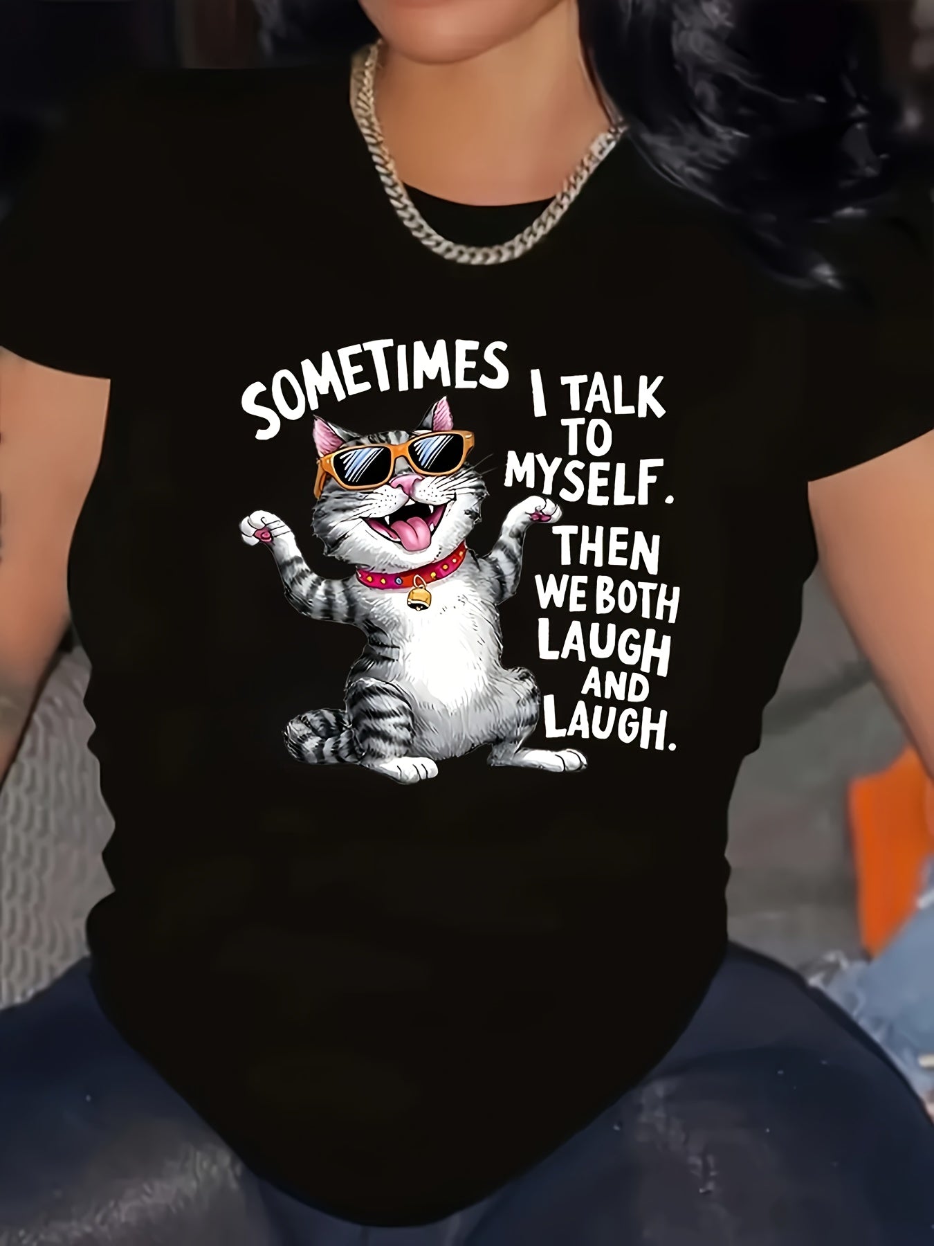 Women's Plus Size Casual Elegant Cartoon Cat with Fashion Glasses & Bell Graphic T-Shirt - 95% Polyester 180gsm Machine Washable Round Neck Short Sleeve Top for Spring Summer Fall, Cat Shirt, Everyday Comfort Tee, Playful Design Tee, Durable Fabric