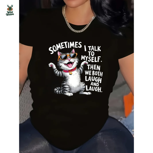 Women's Plus Size Casual Elegant Cartoon Cat with Fashion Glasses & Bell Graphic T-Shirt - 95% Polyester 180gsm Machine Washable Round Neck Short Sleeve Top for Spring Summer Fall, Cat Shirt, Everyday Comfort Tee, Playful Design Tee, Durable Fabric
