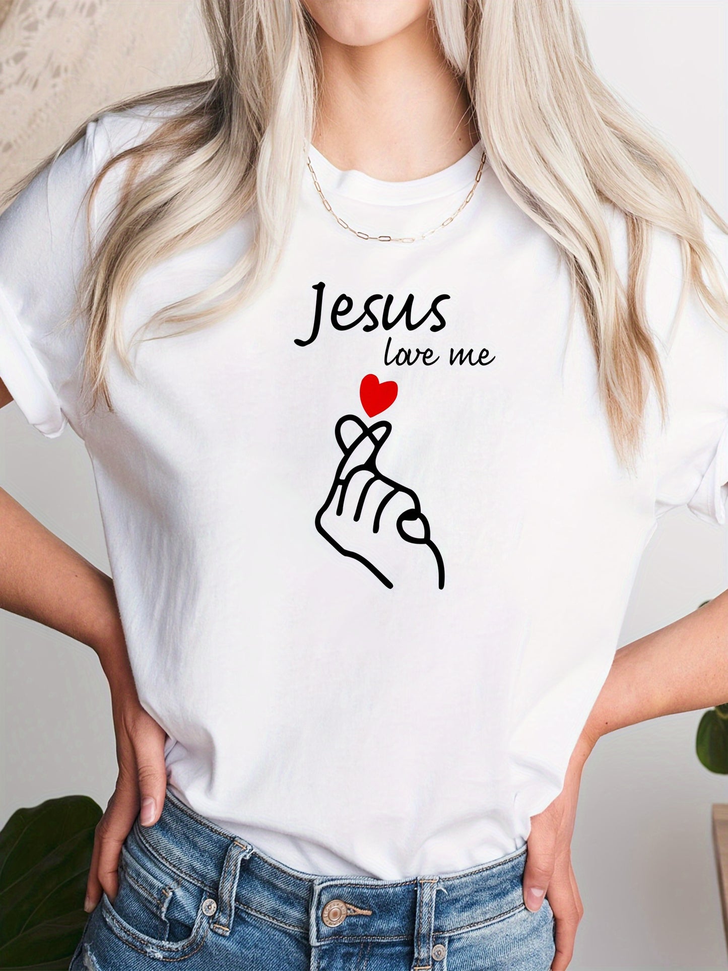 Women's Casual Short Sleeve T-Shirt - Jesus Love Me Heart Hands Print, White Round Neck Summer Top, Breathable & Machine Washable, Heart Print T Shirt