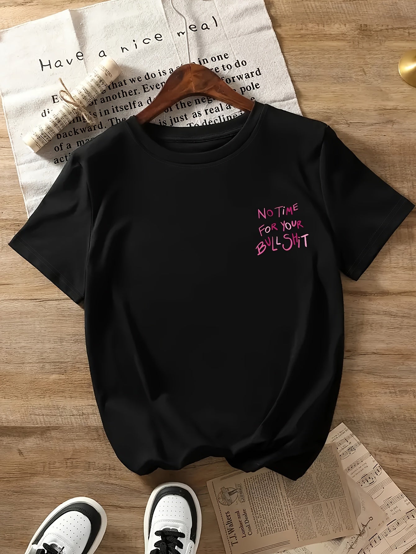 Women's Casual Short Sleeve T-Shirt with Bold "NO TIME for YOUR BULLSHIT" Pink Letter Print - Black Round Neck Summer Top, Machine Washable & All-Season Comfort, Ladies T Shirts, Relaxed Style, Statement Shirt, Durable Construction, Print Shirt, Fashion L