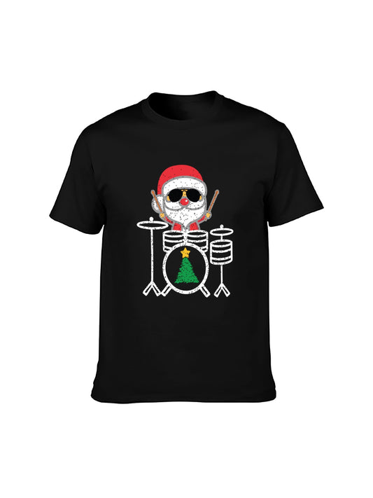 Rockin’ Santa Drummer Christmas T-Shirt - 100% Cotton, Festive Tee for Holiday & Casual Occasions