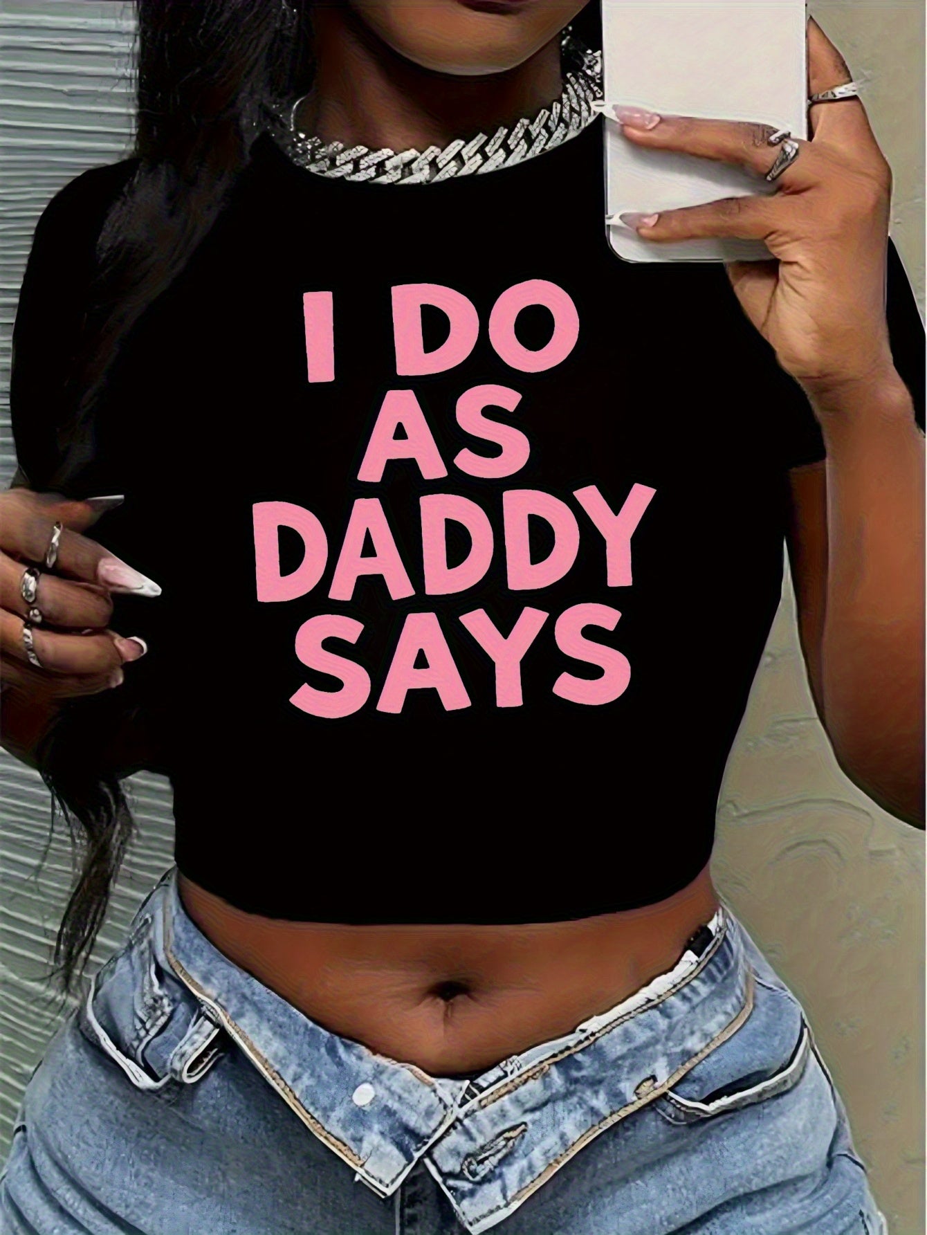 Women's Sexy Slim Fit Crop Top T-Shirt - "I Do As Daddy Says" Bold Pink Lettering, Stretchy Midriff-Baring Black Shirt for Spring Summer Fall, Machine Washable Casual Streetwear, Summer Fashion, Eyecatching Tee, Medium Elasticity