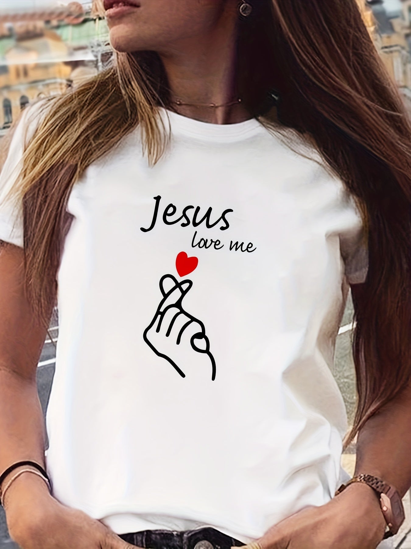 Women's Casual Short Sleeve T-Shirt - Jesus Love Me Heart Hands Print, White Round Neck Summer Top, Breathable & Machine Washable, Heart Print T Shirt