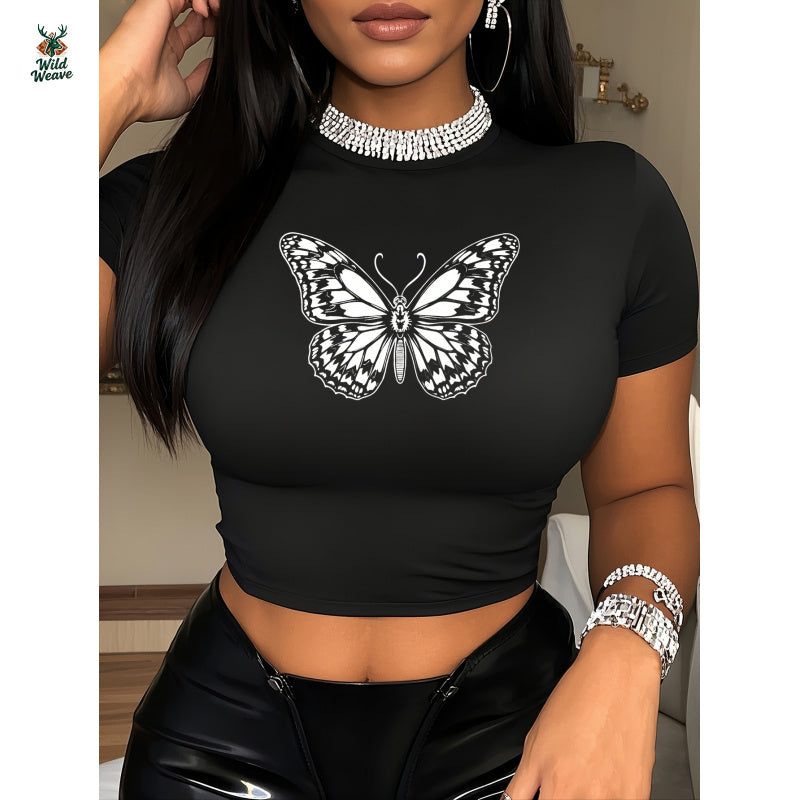 Women's Stretchy Y2K Graphic Print Crop Top T-Shirt - Slim Fit Crew Neck Summer Tee with Butterfly Design, Machine Washable Casual Top, Rhinestone Chain Accent | Delicate Detail Shirt