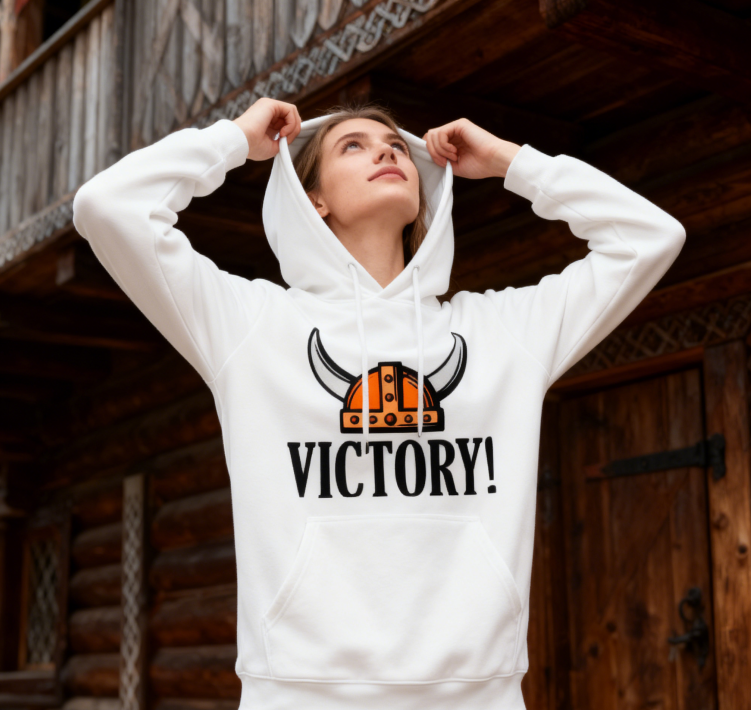 Viking Helmet "VICTORY!" Graphic Hoodie - Unisex Casual Pullover (Black & White Options)
