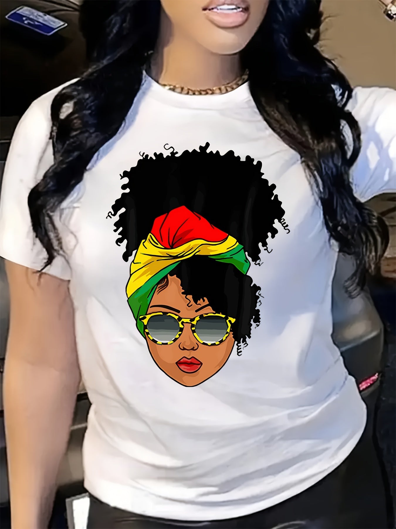 Women's Casual Short Sleeve T-Shirt - Vibrant African American Woman Portrait Graphic (Colorful Dreadlocks, Fashion Glasses & Headwrap), Semi-Sheer Round Neck, Regular Fit, Medium Elasticity, Machine Washable All-Season Street Style Apparel