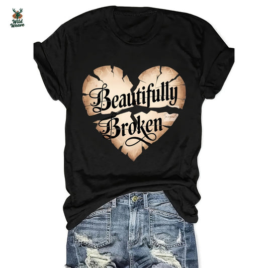 Women's "Beautifully Broken" Heart Print Casual T-Shirt - Vibrant Orange Short Sleeve Round Neck Summer Top, Machine Washable & Affordable, Ladies T Shirts, Everyday Fashion, Relaxed Fit Tee, Allseason Wear