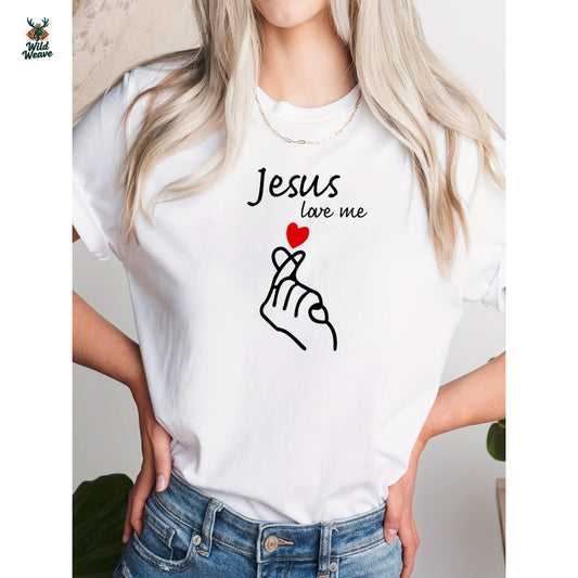 Women's Casual Short Sleeve T-Shirt - Jesus Love Me Heart Hands Print, White Round Neck Summer Top, Breathable & Machine Washable, Heart Print T Shirt