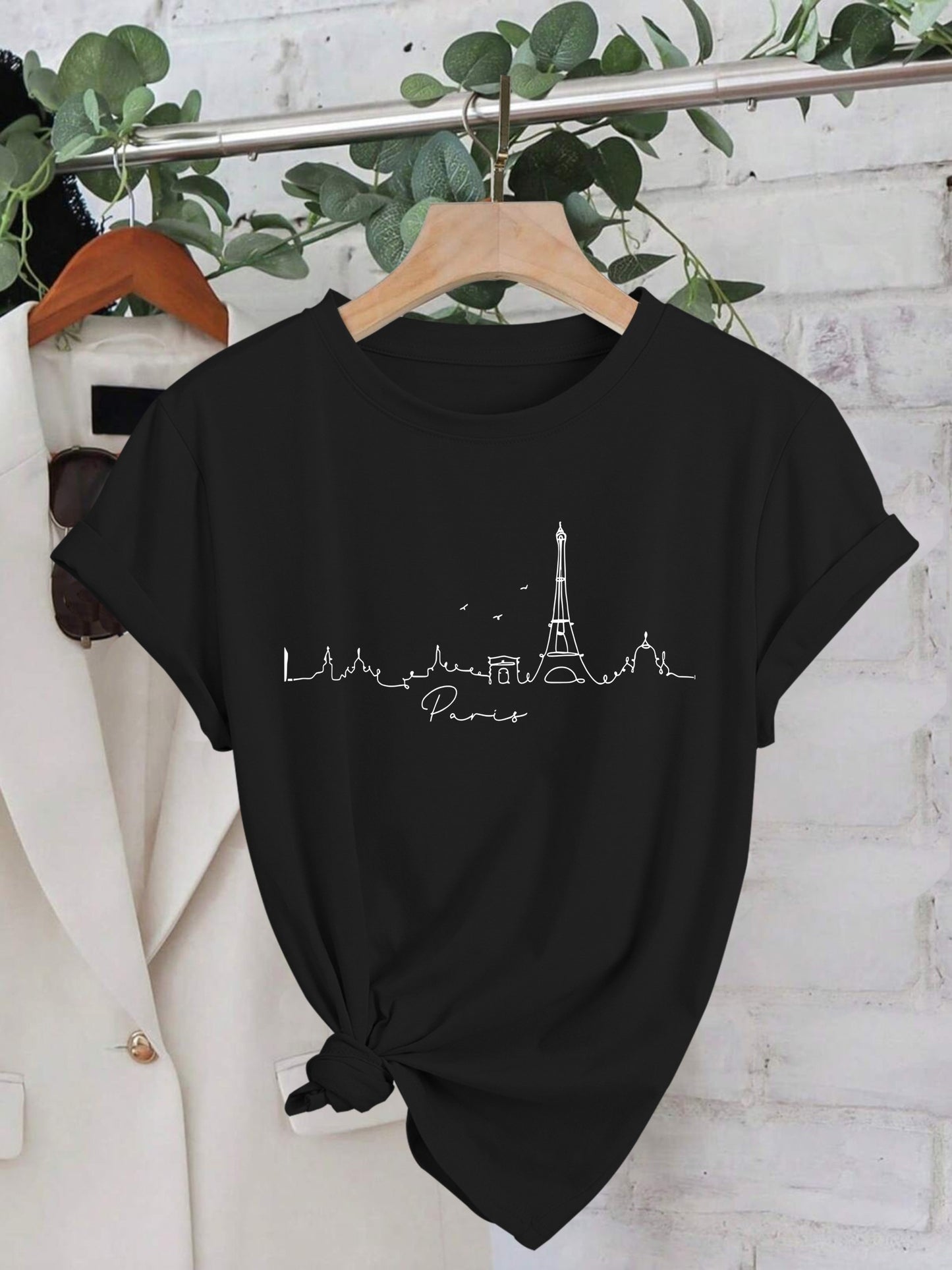 Women's Paris Print T-Shirt - Eiffel Tower & Landmark Design with Cursive Lettering, Slim Fit Short Sleeve Round Neck Casual Top, Breathable Summer Tee for Casual Attire & Light Exercise, Machine Washable, Ladies T-shirts, Summer Fashion, Comfortable Fit