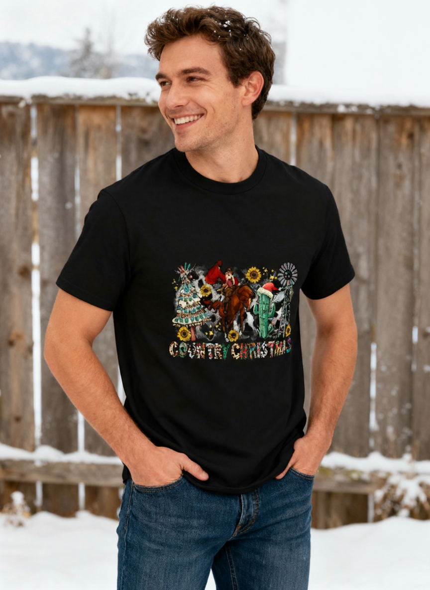 Country Christmas Western Graphic T-Shirt - 100% Cotton, Festive Exclusive for Holiday Gatherings & Casual Occasions