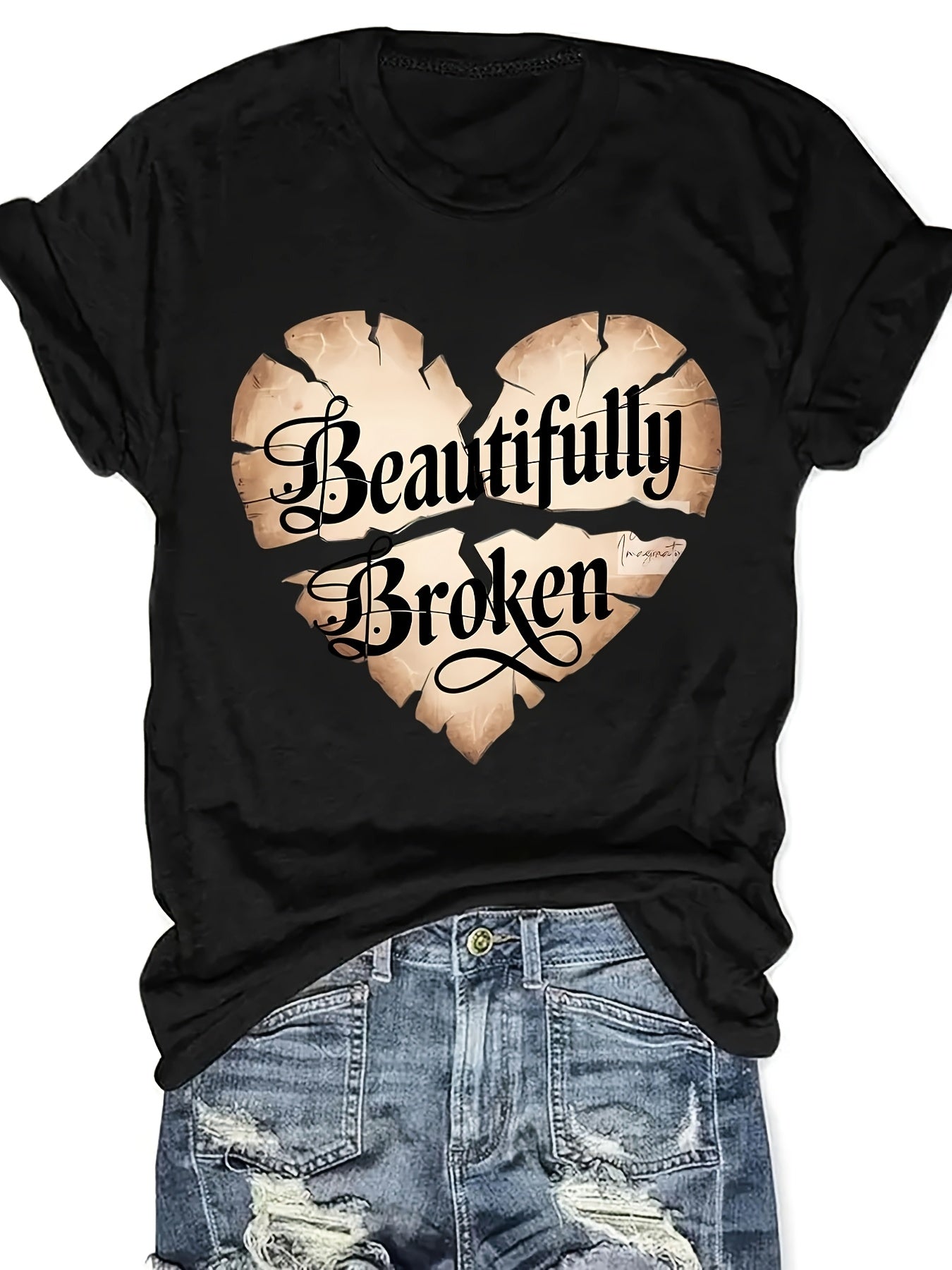 Women's "Beautifully Broken" Heart Print Casual T-Shirt - Vibrant Orange Short Sleeve Round Neck Summer Top, Machine Washable & Affordable, Ladies T Shirts, Everyday Fashion, Relaxed Fit Tee, Allseason Wear