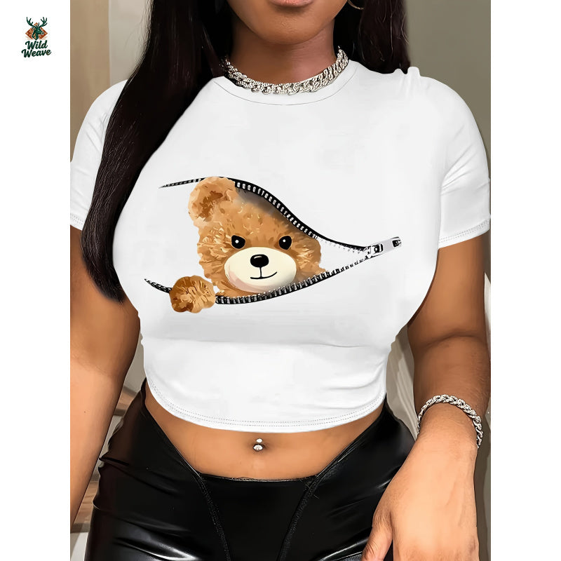 Women's Sexy Summer Crop Top - Vibrant Red Teddy Bear Zipper Graphic Tee, Soft Stretch Round Neck Short Sleeve Shirt, Machine Washable Casual Streetwear, Teddy Bear T Shirt, Playful Fashion, Playful Graphic Tee