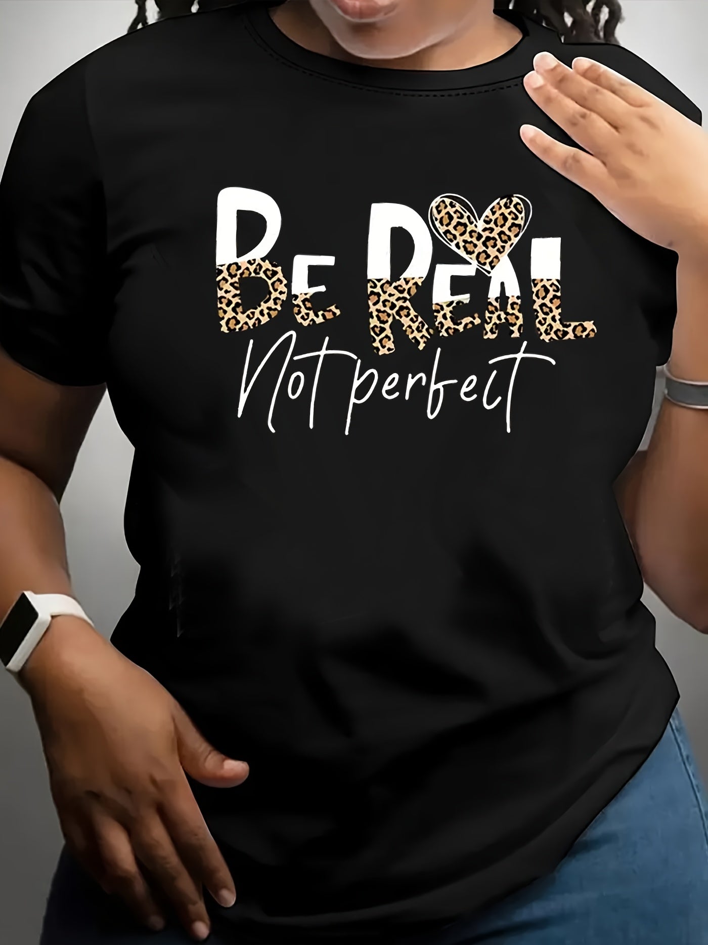 Women'S Casual T-Shirt with "BE REAL NOT PERFECT" Leopard Print Lettering - Relaxed Fit Short Sleeve Round Neck Top for Spring Summer Fall Casual Attire, Positive Affirmation Graphic Tee for Women