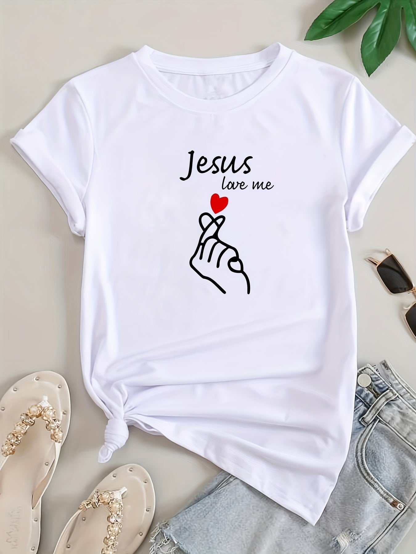 Women's Casual Short Sleeve T-Shirt - Jesus Love Me Heart Hands Print, White Round Neck Summer Top, Breathable & Machine Washable, Heart Print T Shirt
