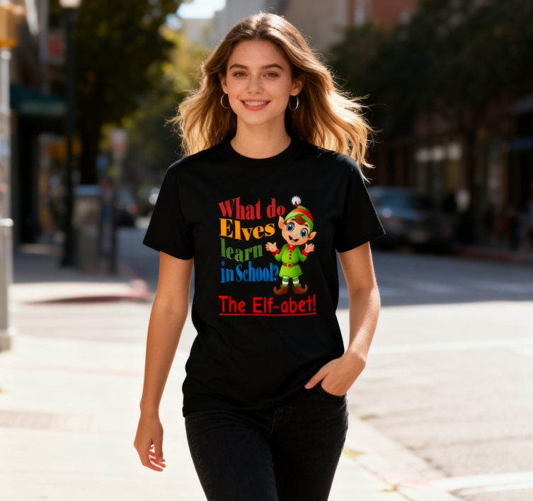 Christmas Elf Alphabet Pun T-Shirt - 100% Cotton, Festive & Casual Wear for Holiday Gatherings & Daily Style