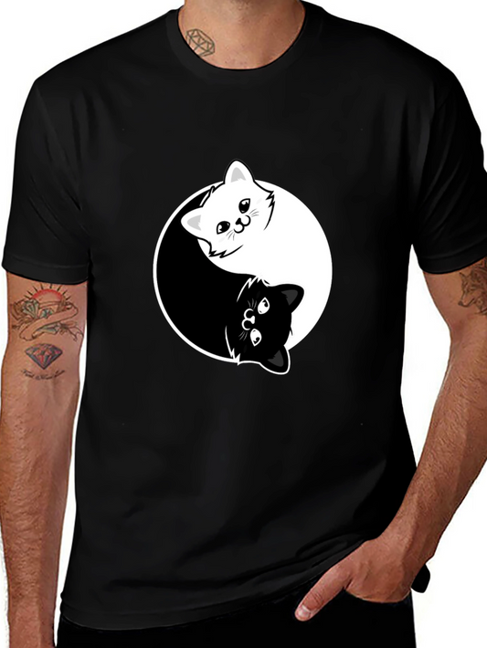 Yin Yang Cats Graphic Tee - Black Cotton Blend T-Shirt