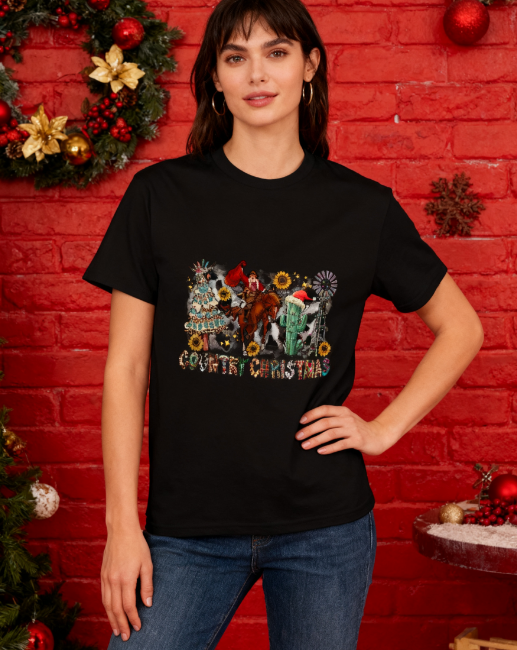 Country Christmas Western Graphic T-Shirt - 100% Cotton, Festive Exclusive for Holiday Gatherings & Casual Occasions
