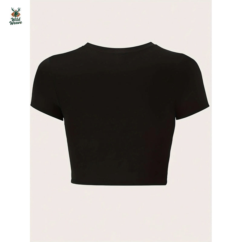 Women's Stretchy Y2K Graphic Print Crop Top T-Shirt - Slim Fit Crew Neck Summer Tee with Butterfly Design, Machine Washable Casual Top, Rhinestone Chain Accent | Delicate Detail Shirt