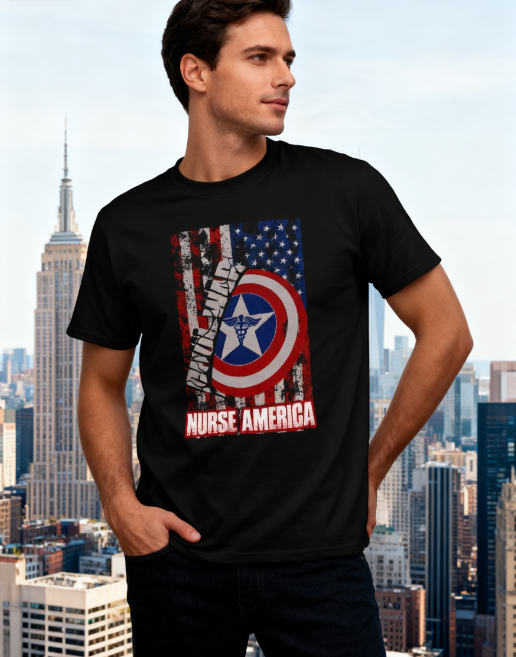 T2199609 Nurse America Patriotic Shield 100% Cotton T-Shirt - Unisex Healthcare Hero Tee for Every Occasion