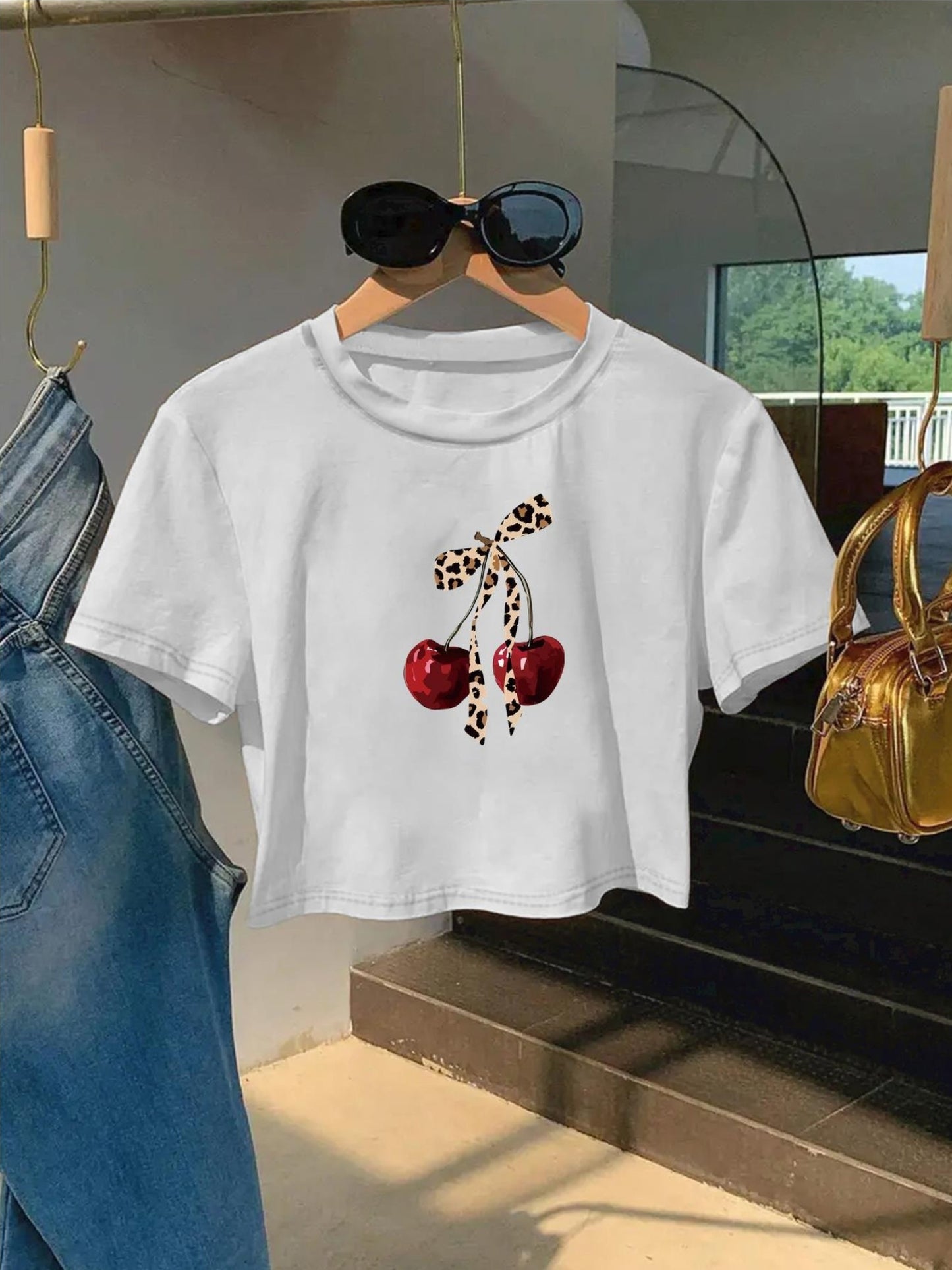 Women'S Cherry Print Cropped T-Shirt - Short Sleeve Crew Neck, Lightweight & Breathable, Perfect for Spring/Summer Casual Wear, Machine Washable, Stylish Slim Fit Design, Everyday Tshirt | Trendy Casual Style | Glossy Texture