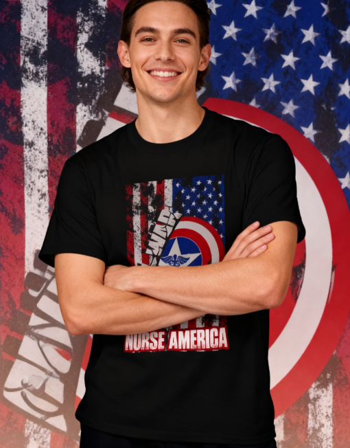 T2199609 Nurse America Patriotic Shield 100% Cotton T-Shirt - Unisex Healthcare Hero Tee for Every Occasion