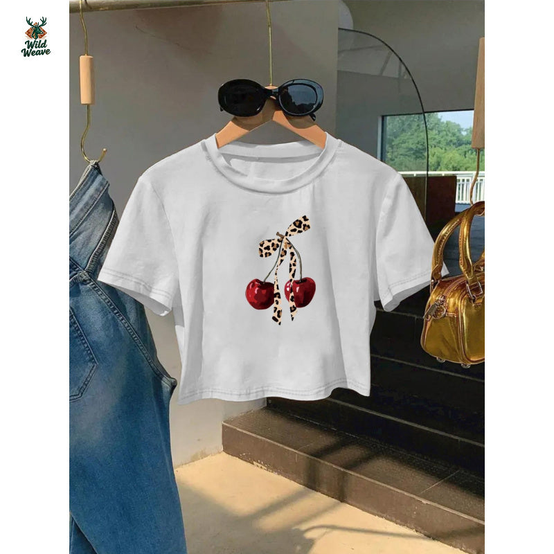 Women'S Cherry Print Cropped T-Shirt - Short Sleeve Crew Neck, Lightweight & Breathable, Perfect for Spring/Summer Casual Wear, Machine Washable, Stylish Slim Fit Design, Everyday Tshirt | Trendy Casual Style | Glossy Texture