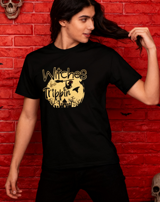 Witches Be Trippin Halloween Graphic T-Shirt - 100% Cotton, Spooky Exclusive for Halloween Parties & Casual Occasions
