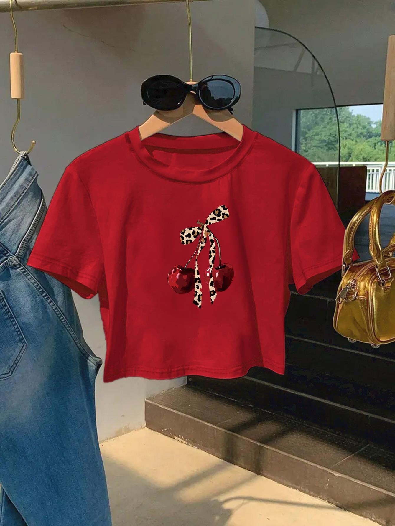 Women'S Cherry Print Cropped T-Shirt - Short Sleeve Crew Neck, Lightweight & Breathable, Perfect for Spring/Summer Casual Wear, Machine Washable, Stylish Slim Fit Design, Everyday Tshirt | Trendy Casual Style | Glossy Texture